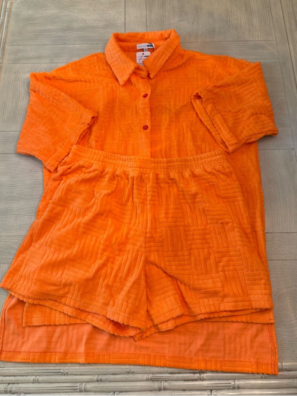Fashion Nova Bright Terry Cloth Orange Textured Two-Piece Lounge Set